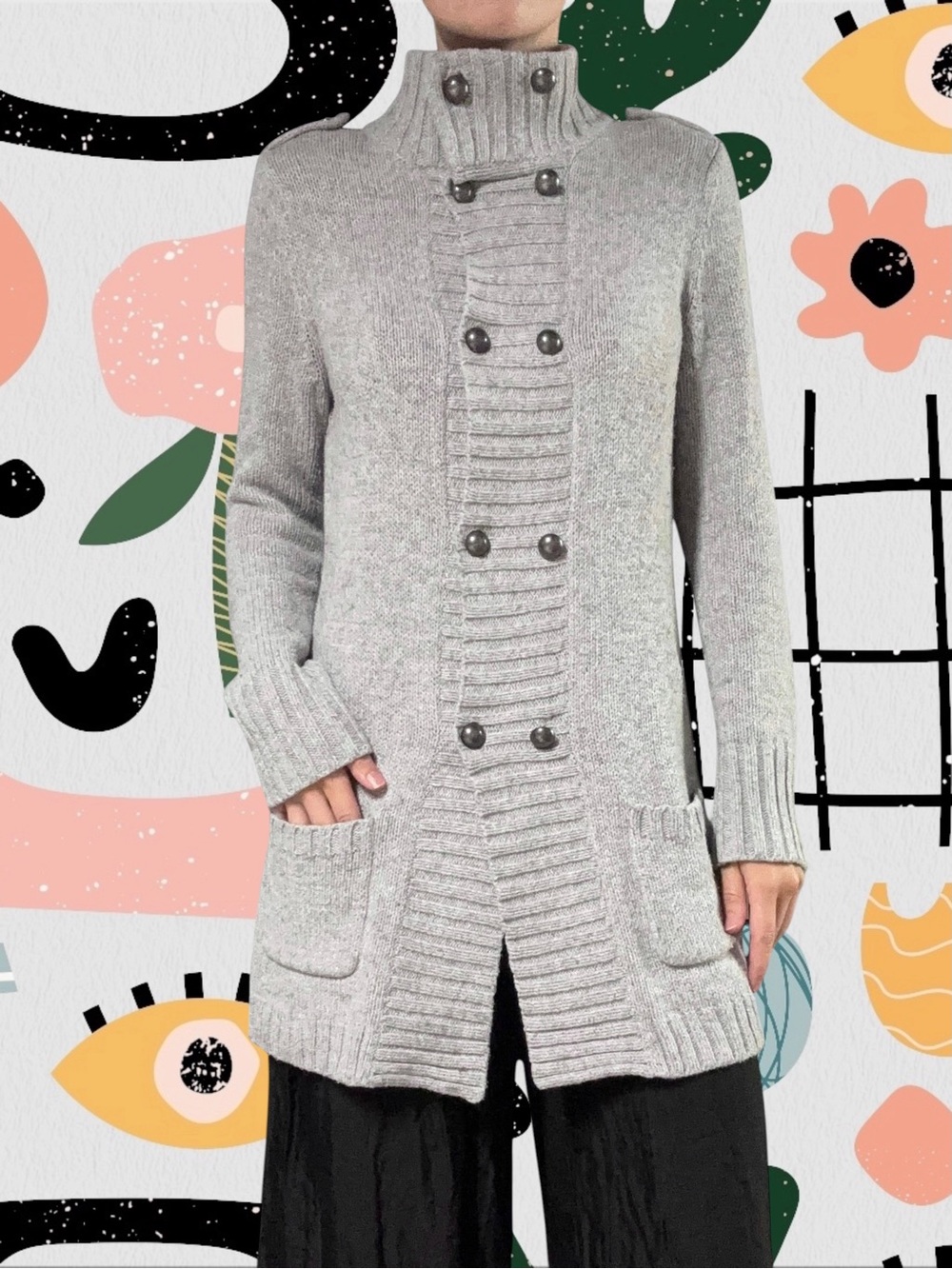 Caslon | Gray Knit Military Inspired Button Front Longline Cardigan Sweater